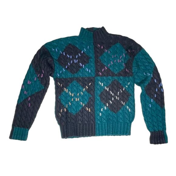 80's Vintage Colours Argyle Wool Sweater size Medium Thick Heavy Knit - Picture 1 of 3